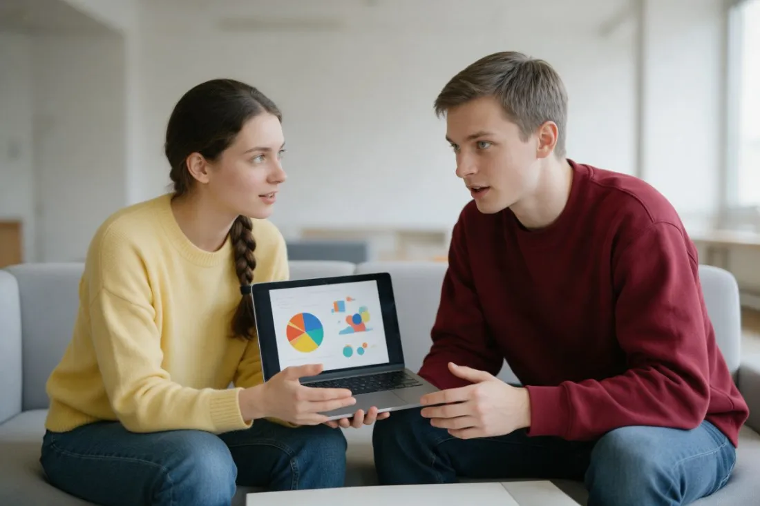 studentka-wyjasnia-wykres-finansow-firmy-koledze