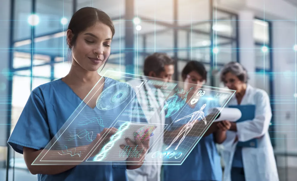 doctor-woman-tablet-hospital-with-holographic-ux-telehealth-medical-innovation-dna-study-medic-mobile-touchscreen-typing-app-data-analysis-3d-hologram-ui-research
