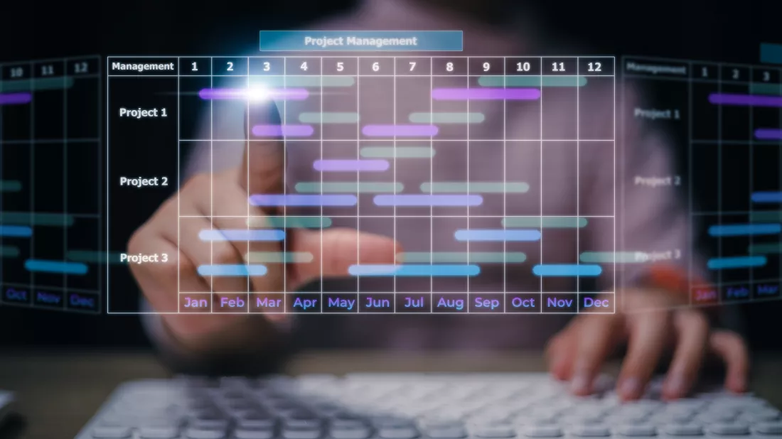 project-manager-working-laptop-updating-tasks-milestones-progress-planning-with-gantt-chart-scheduling-interface-company-virtual-screen-business-project-management-system