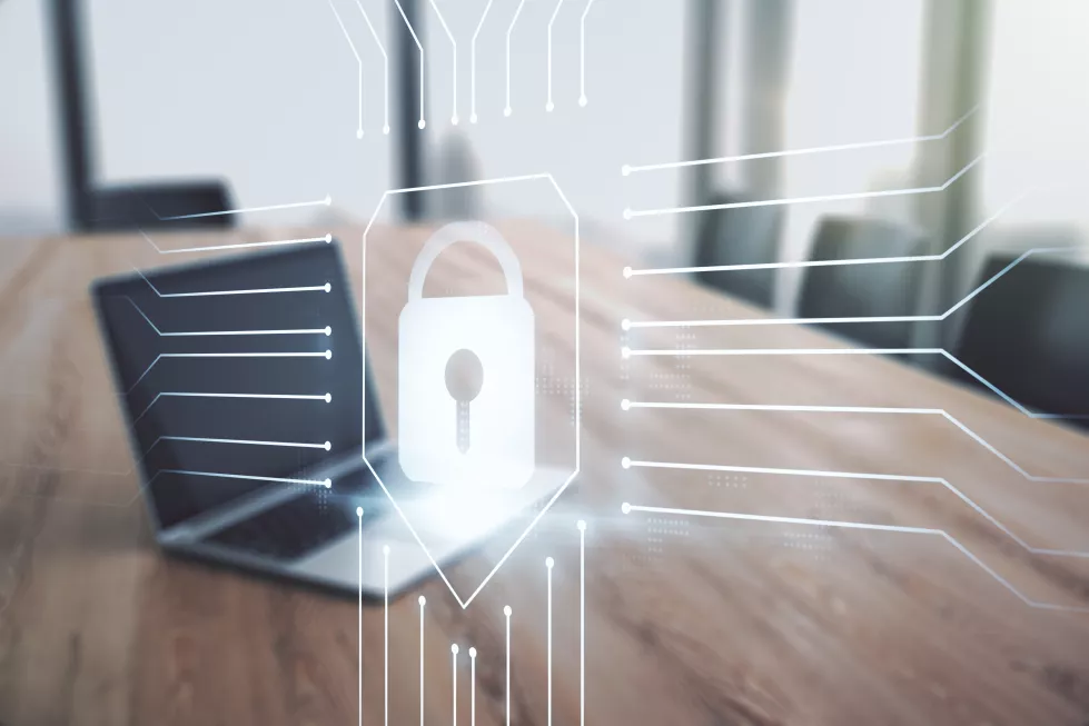 creative-lock-sketch-with-chip-hologram-modern-laptop-background-protection-personal-data-concept-multiexposure