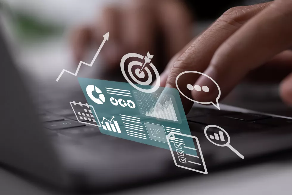 accounting-analysis-audit-research-results-clipboard-report-target-calendar-magnifier-financial-report-laptop-with-graphs-charts-screen