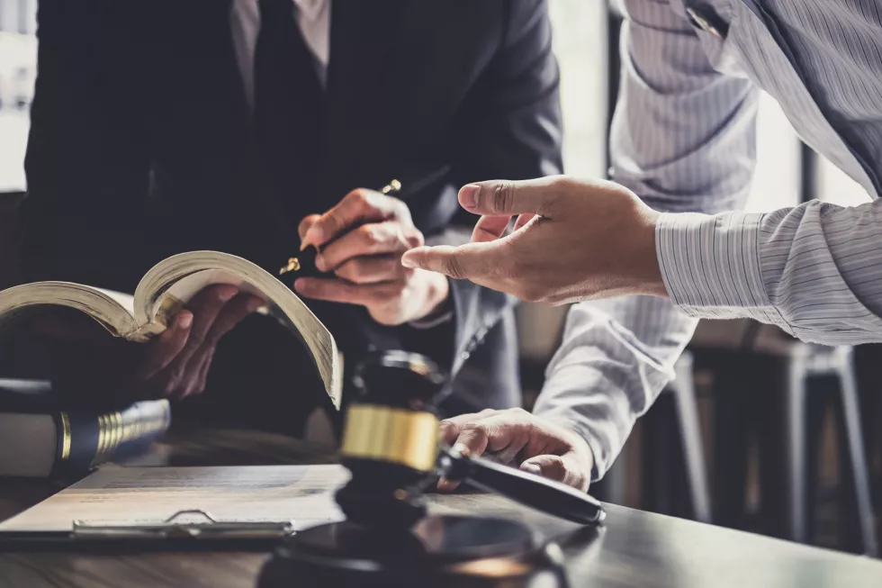 midsection-judge-client-discussing-table