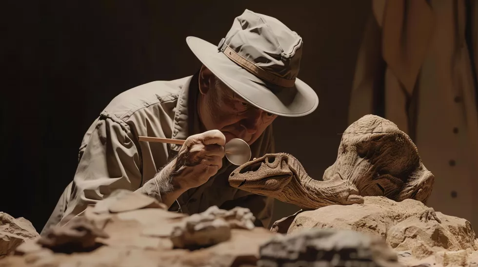 archaeologist-carefully-examines-dinosaur-fossil-he-is-wearing-hat-khaki-shirt-is-kneeling-ground