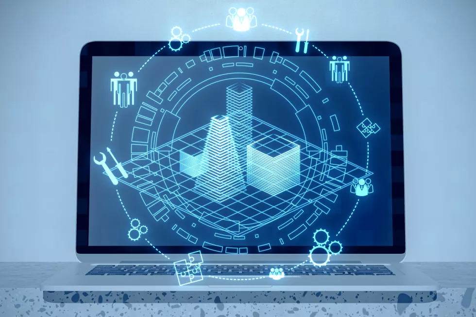 close-up-laptop-computer-with-creative-digital-architectural-project-round-wireframe-sketch-with-polygonal-mesh-icons-blurry-background-real-estate-vr-model-concept-double-exposure