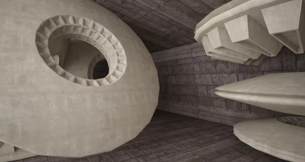 architectural-background-abstract-concrete-interior-with-smooth-chrome-discs-neon-lighting-3d