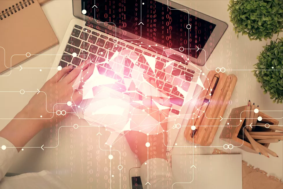 double-exposure-woman-working-computer-andhuman-brain-hologram-drawing-top-view-ai-concept