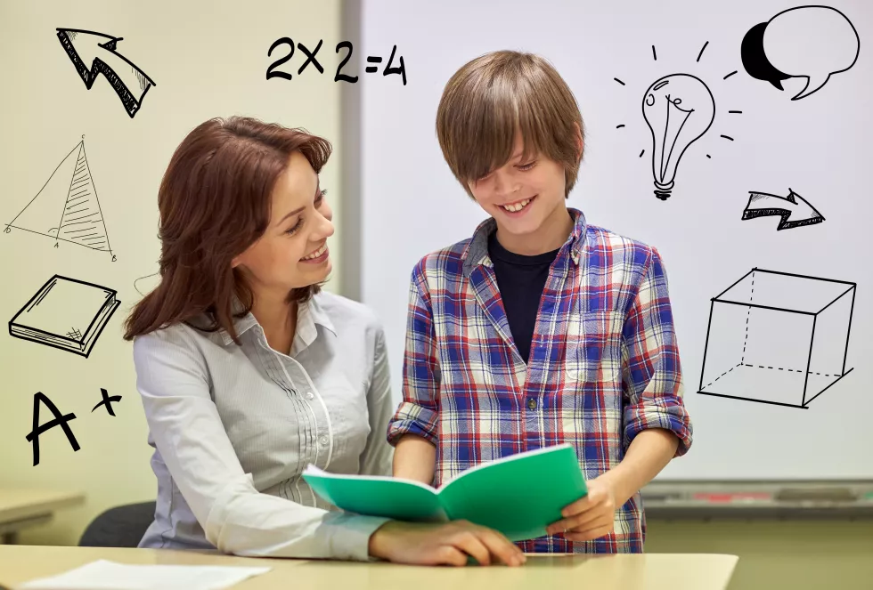 education-elementary-school-learning-examination-people-concept-school-boy-holding-notebook-teacher-classroom-with-doodles