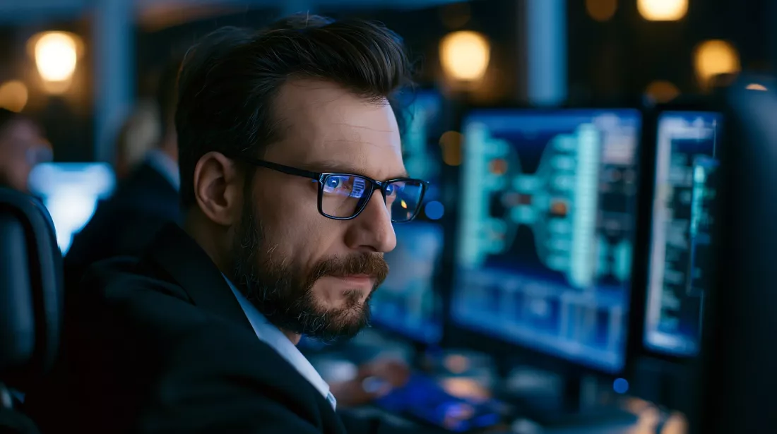 Analityk cyberbezpieczenstwa pracuje przy kilku monitorach.