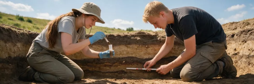 Geoarcheologia-test-studenci-pobieraja-probki-na-wykopalisku