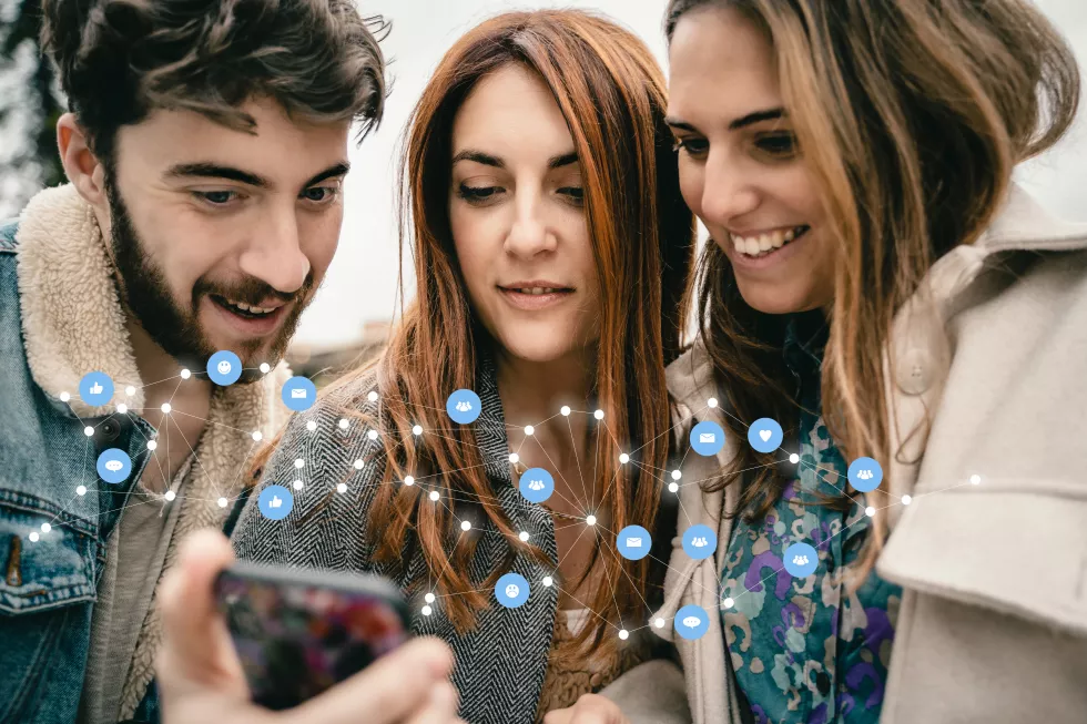 social-network-connection-concept-with-young-people-using-smartphone-digital-composition-with-icons-connectivity-lines-draw-mesh-network