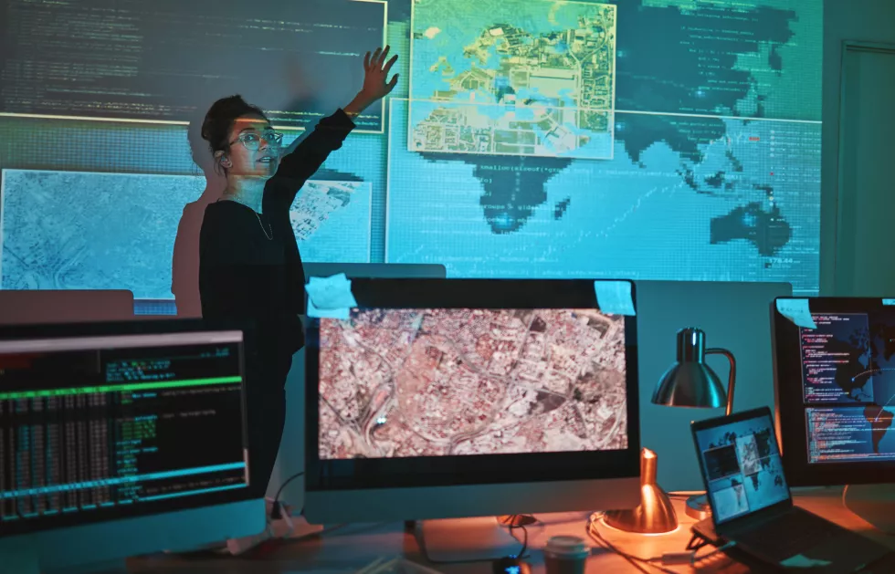cybersecurity-woman-global-presentation-with-map-graphic-phishing-hacker-data-cyber-crime-employee-technology-firewall-hacking-ransomware-coding-system-algorithm