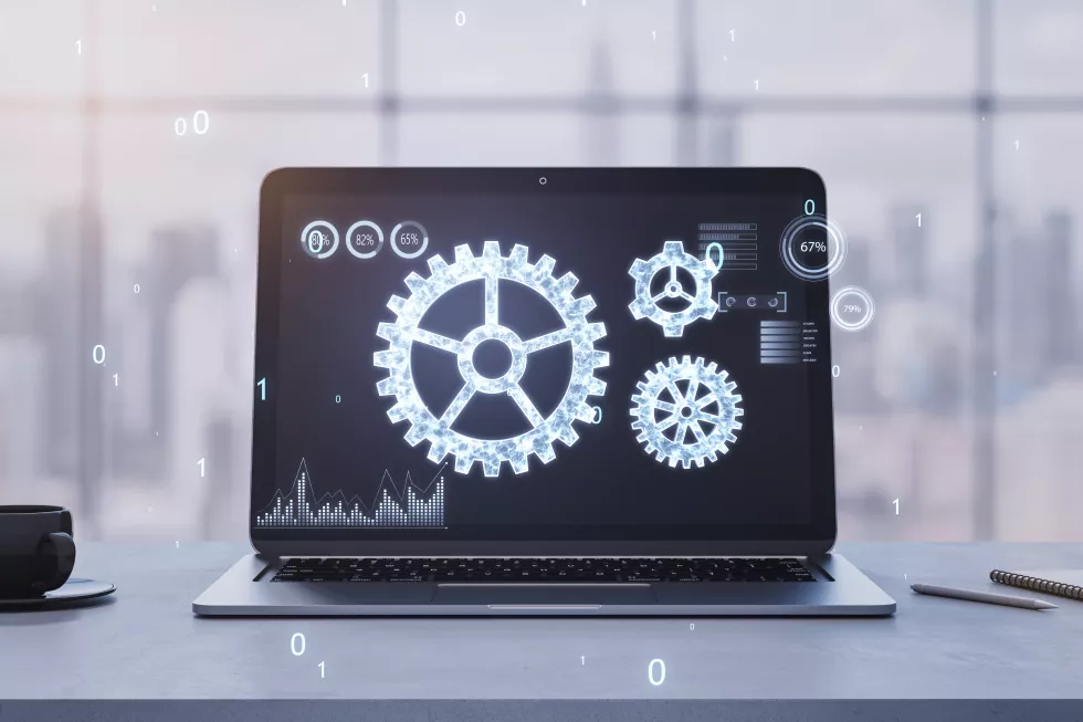 creative-desk-with-laptop-coffee-cup-glowing-binary-code-cogwheel-screen-blurry-window-with-city-view-background-adjusting-app-setting-options-maintenance-repair-fixing-3d-rendering