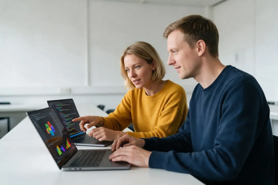 specjalistka-i-specjalista-pracuja-przy-laptopach-w-pracowni-mediow