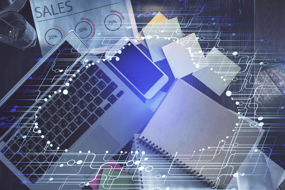multi-exposure-data-theme-drawing-hologram-topview-work-desk-background-with-computer-concept-technology