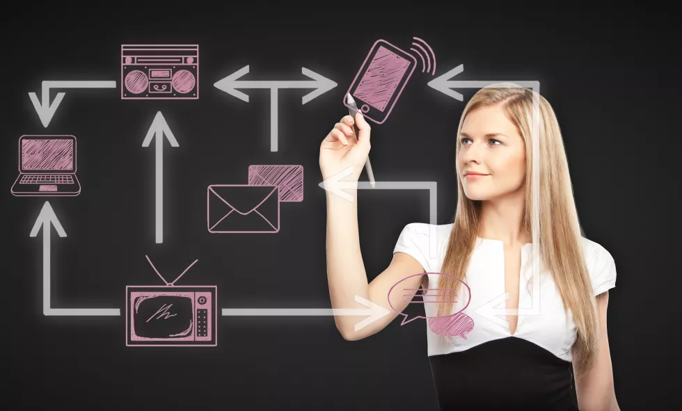 attractive-woman-drawing-technology-network