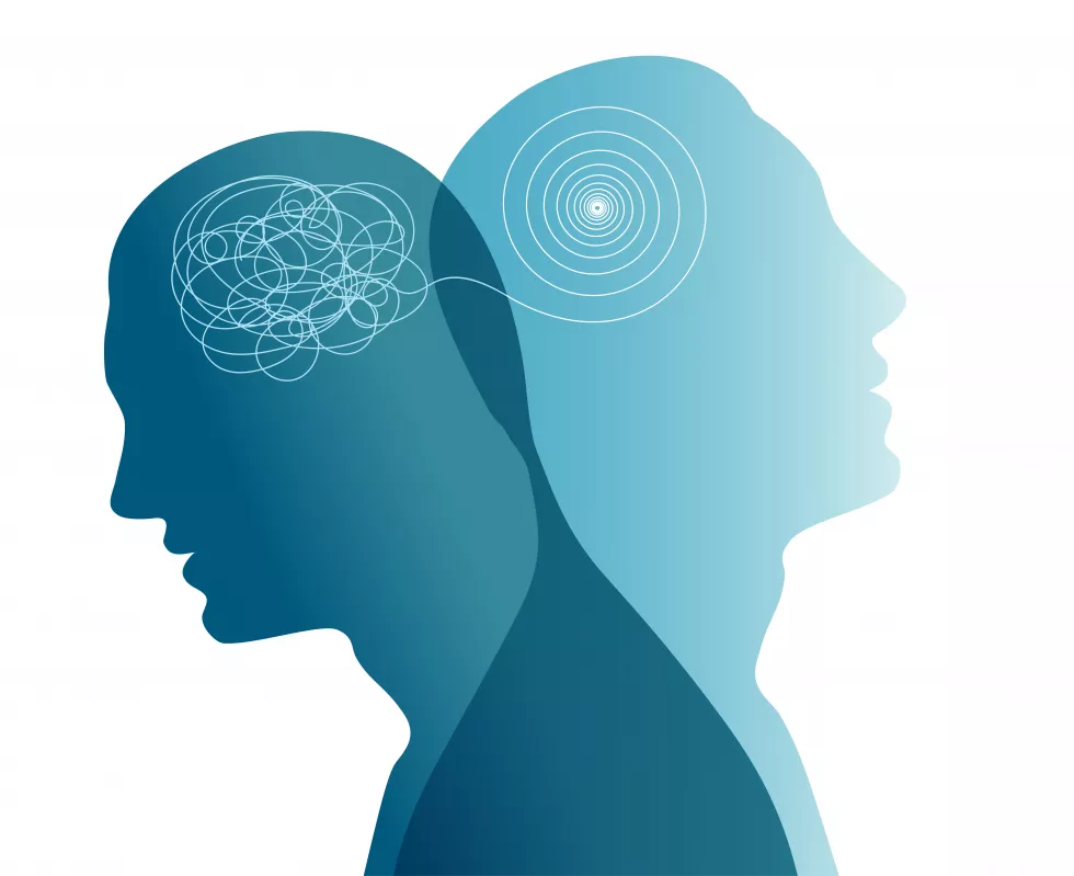 Metaphor bipolar disorder mind mental-Double face-Split personality-Concept mood disorder-Dual personality concept-2 Head silhouette-Mental health-Psychology-Tangle and untangle