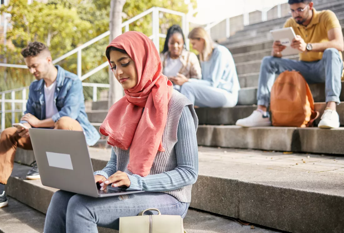 students-stairs-islamic-woman-laptop-typing-connection-online-reading-outdoor-student-muslim-female-academics-steps-education-knowledge-growth-digital-schedule