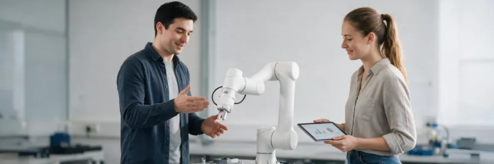 mlodzi-menedzerowie-przy-ramieniu-robota-wspolpracujacego