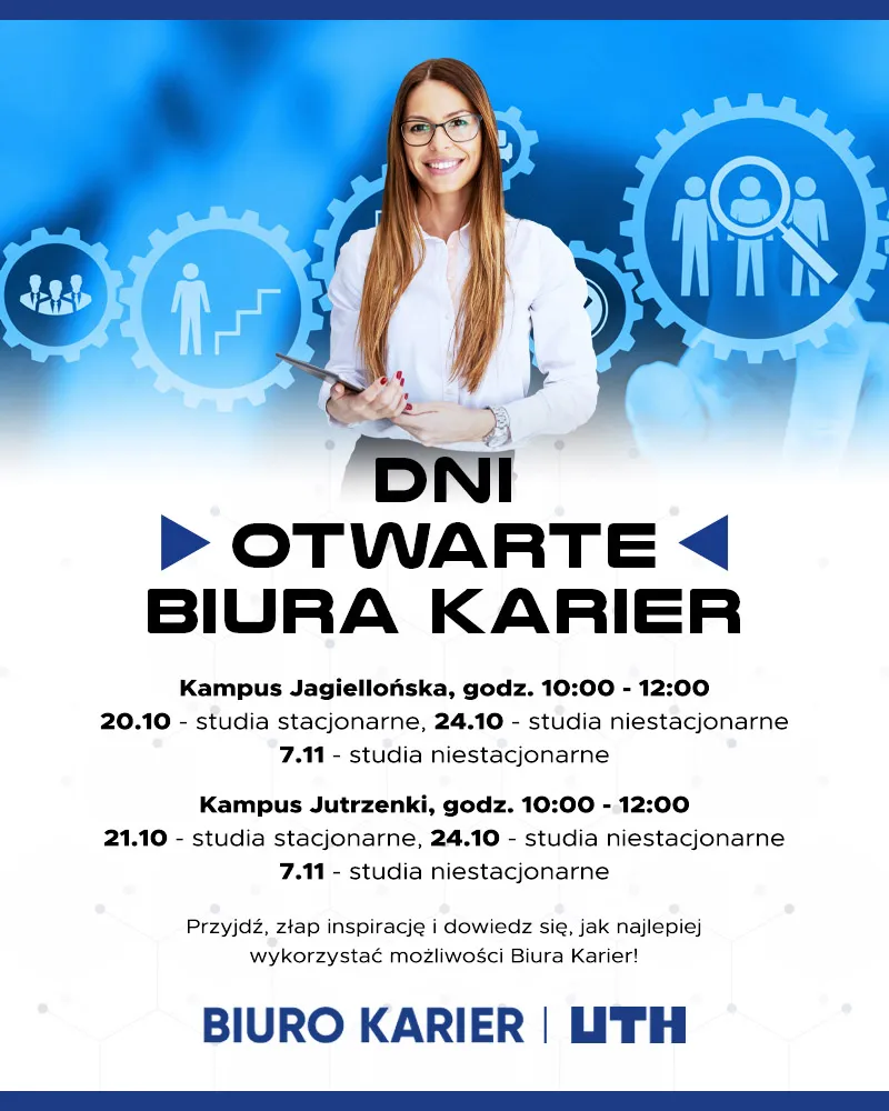 Plakat Dni Otwartych Biura Karier UTH z terminami na Kampusie Jagiellońska i Kampusie Jutrzenki