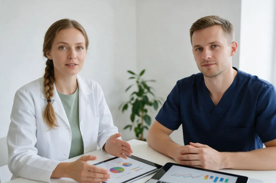 dietetycy-kliniczni-omawiaja-przypadek-pacjenta-przy-stole
