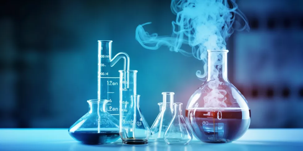 beaker-flask-science-laboratory-with-chemical-structure-blue-banner-background