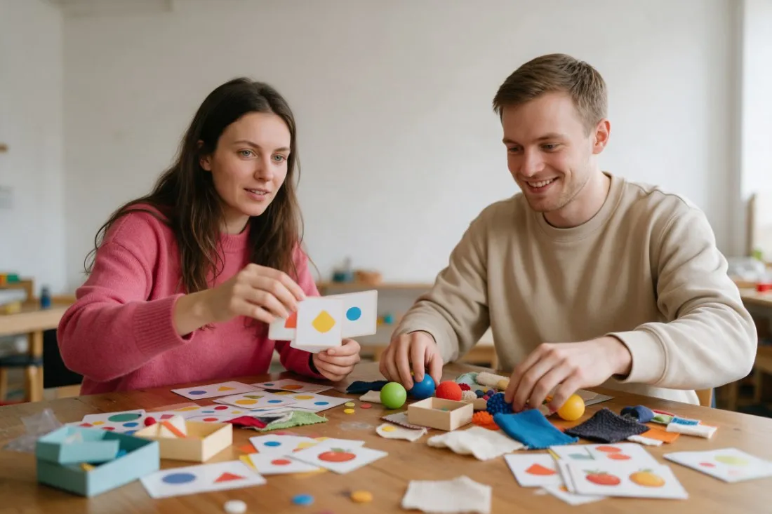 studenci-przygotowuja-karty-obrazkowe-i-pomoce-sensoryczne