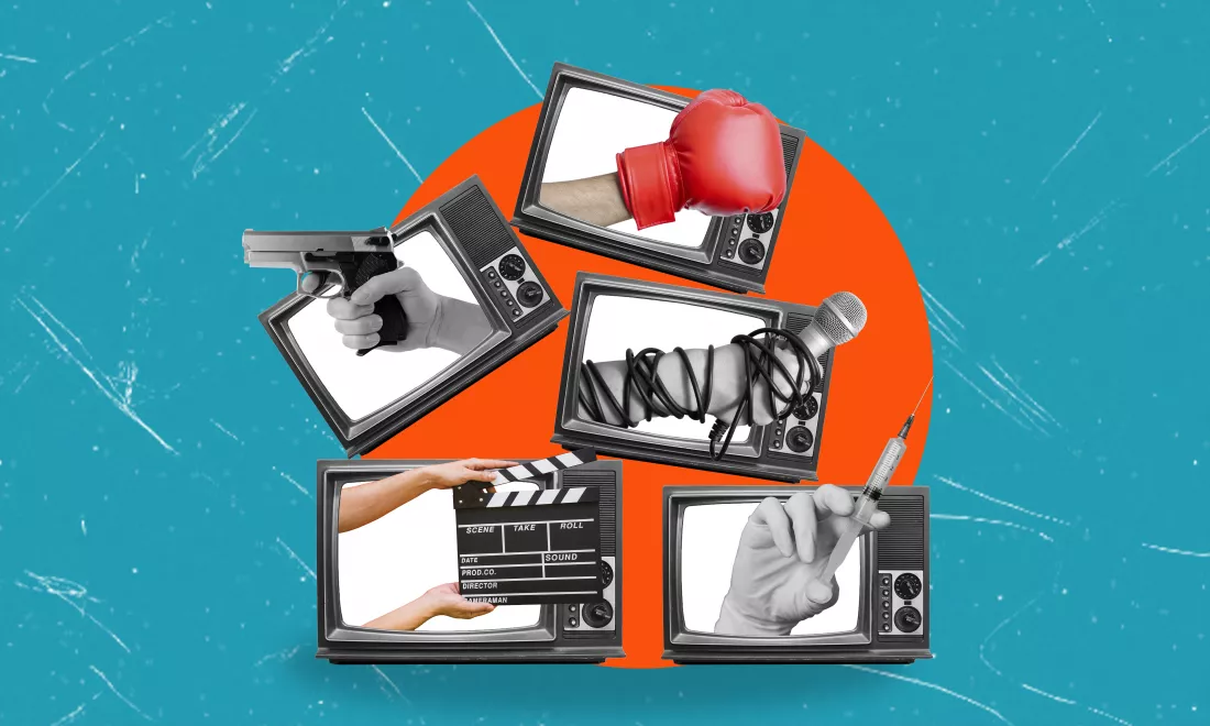 collage-many-retro-tvs-from-which-hand-with-microphone-gun-clapper-syringe-is-sticking