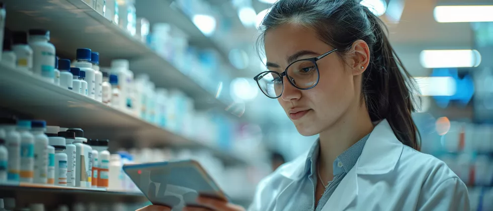 young-woman-pharmacist-white-coat-looking-clipboard-while-standing-drugstore