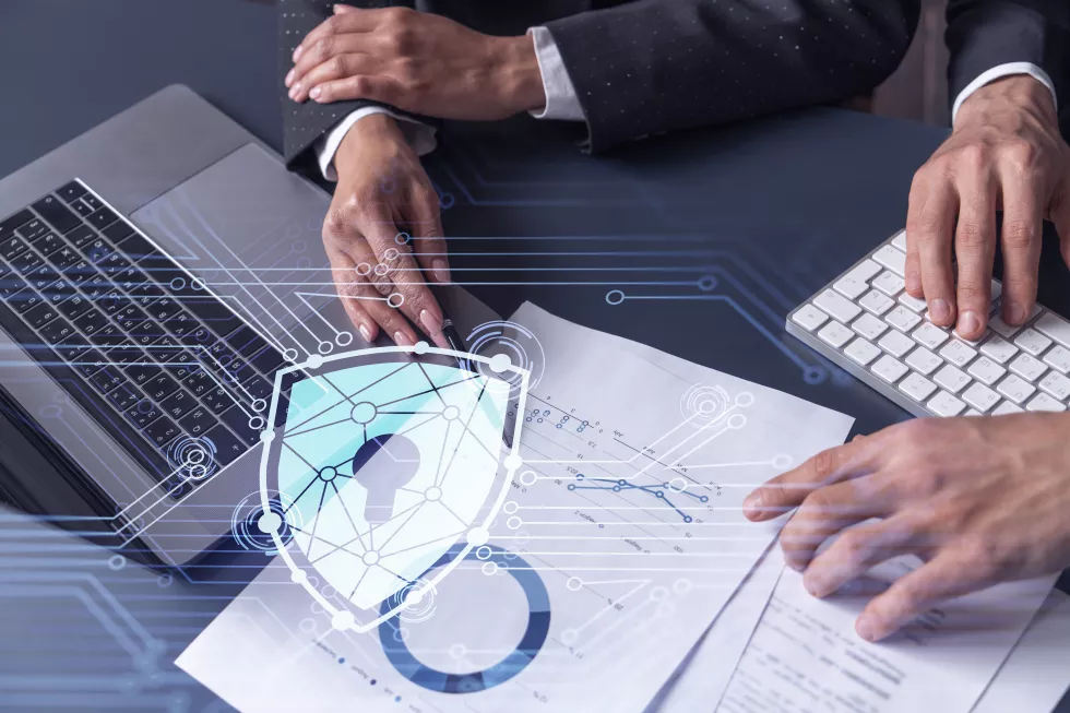 two-businesspeople-man-woman-working-project-protect-cyber-security-international-company-padlock-hologram-icons-table-with-documents-formal-wear-workspace