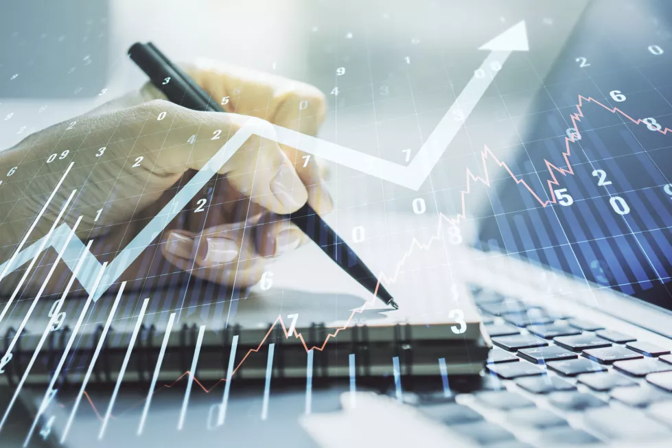 multi-exposure-abstract-financial-graph-with-upward-arrow-hand-writing-diary-background-with-laptop-financial-trading-concept