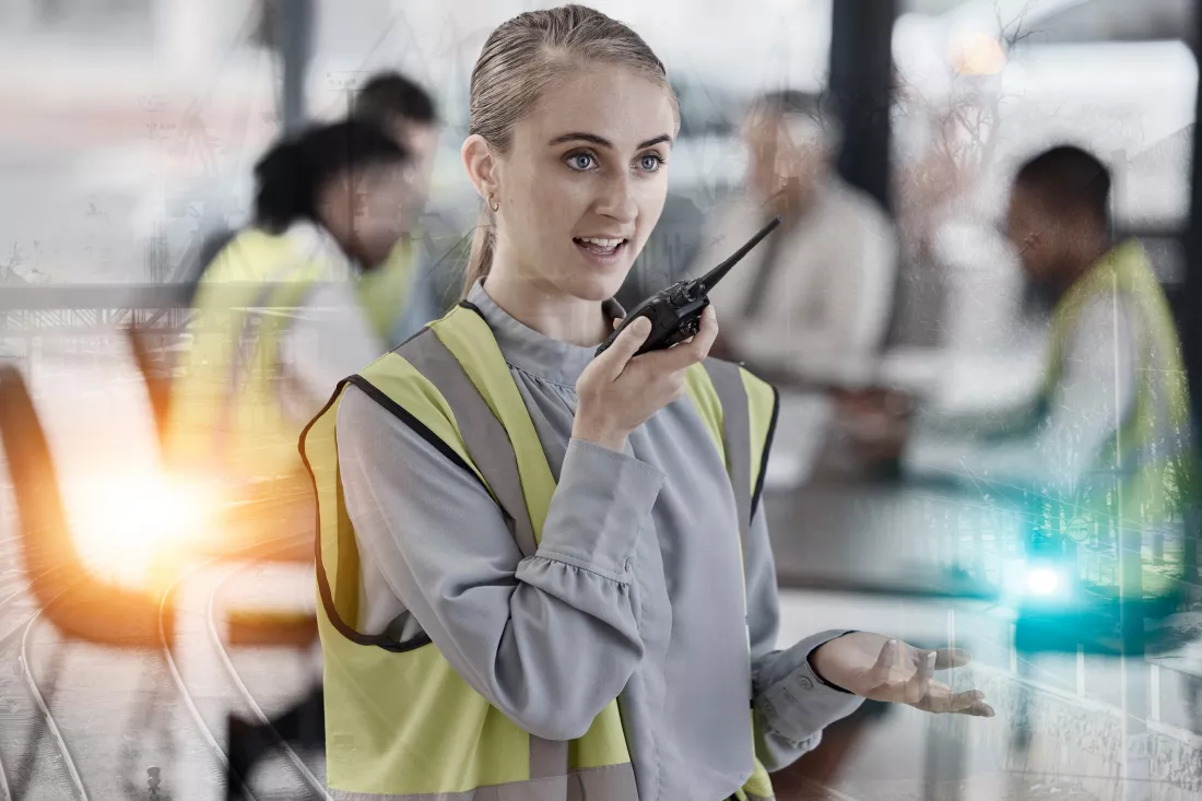 walkie-talkie-engineering-overlay-woman-office-construction-infrastructure-maintenance-architecture-meeting-contractor-person-radio-instruction-communication-talking