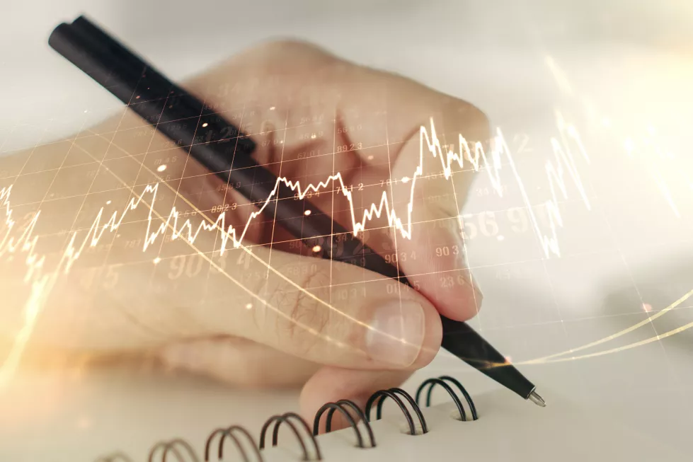 multi-exposure-abstract-creative-financial-graph-with-hand-writing-notepad-background-forex-investment-concept